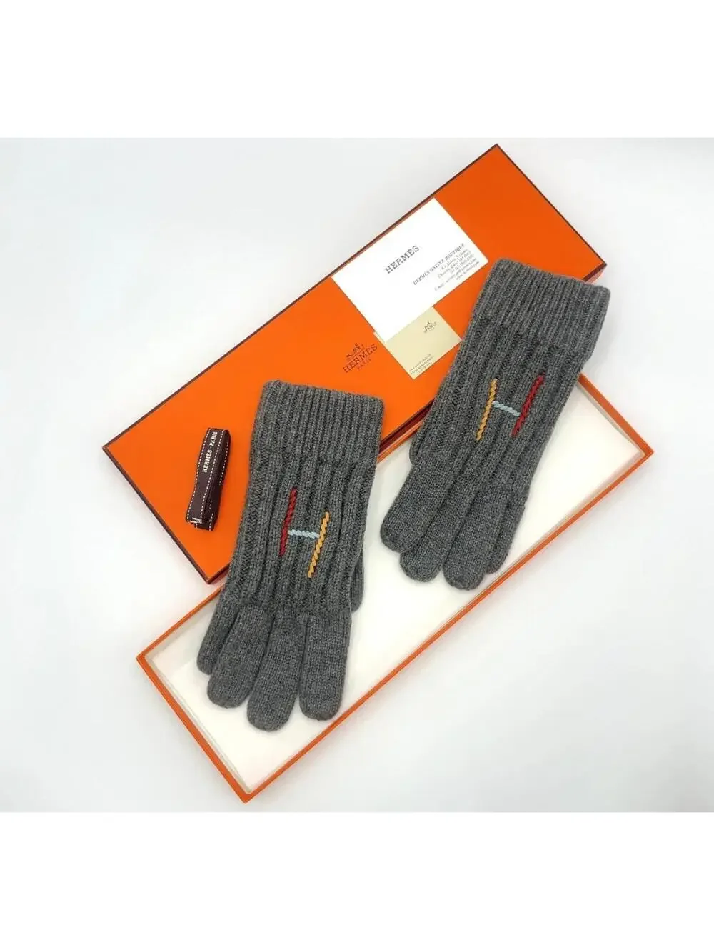 Hermes Braided Leather H Logo Knit Gloves S Size Cashmere / Silk With Box Small